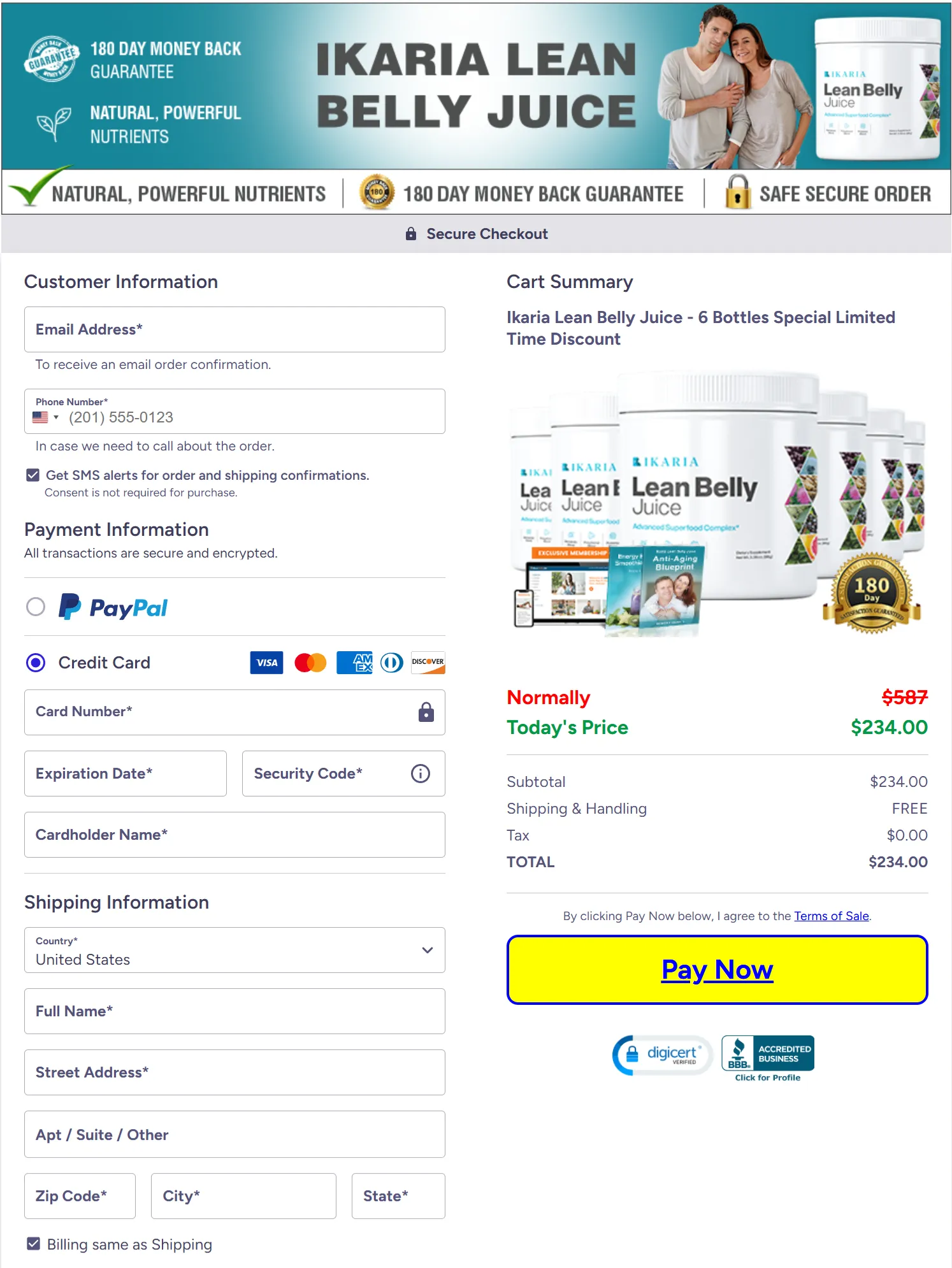 Ikaria Juice checkout page